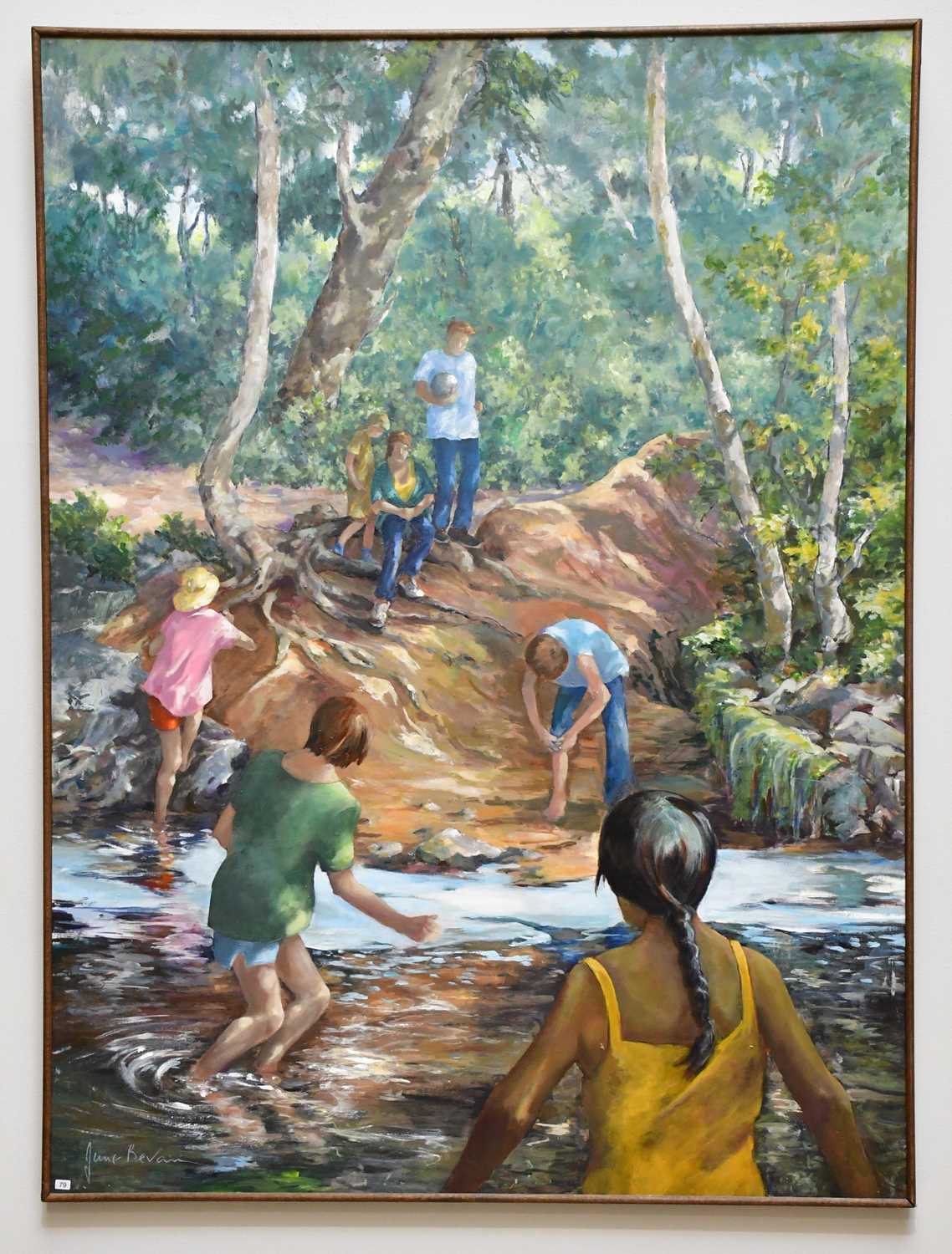 † JUNE BEVAN; oil on board, 'Children Paddling in Bramhall Park', signed lower left, 100 x 75cm,