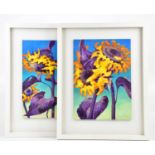 † JUNE BEVAN; a pair of oils on board, 'Sunflowers' and 'Sociable Sunflowers', both signed, 36 x