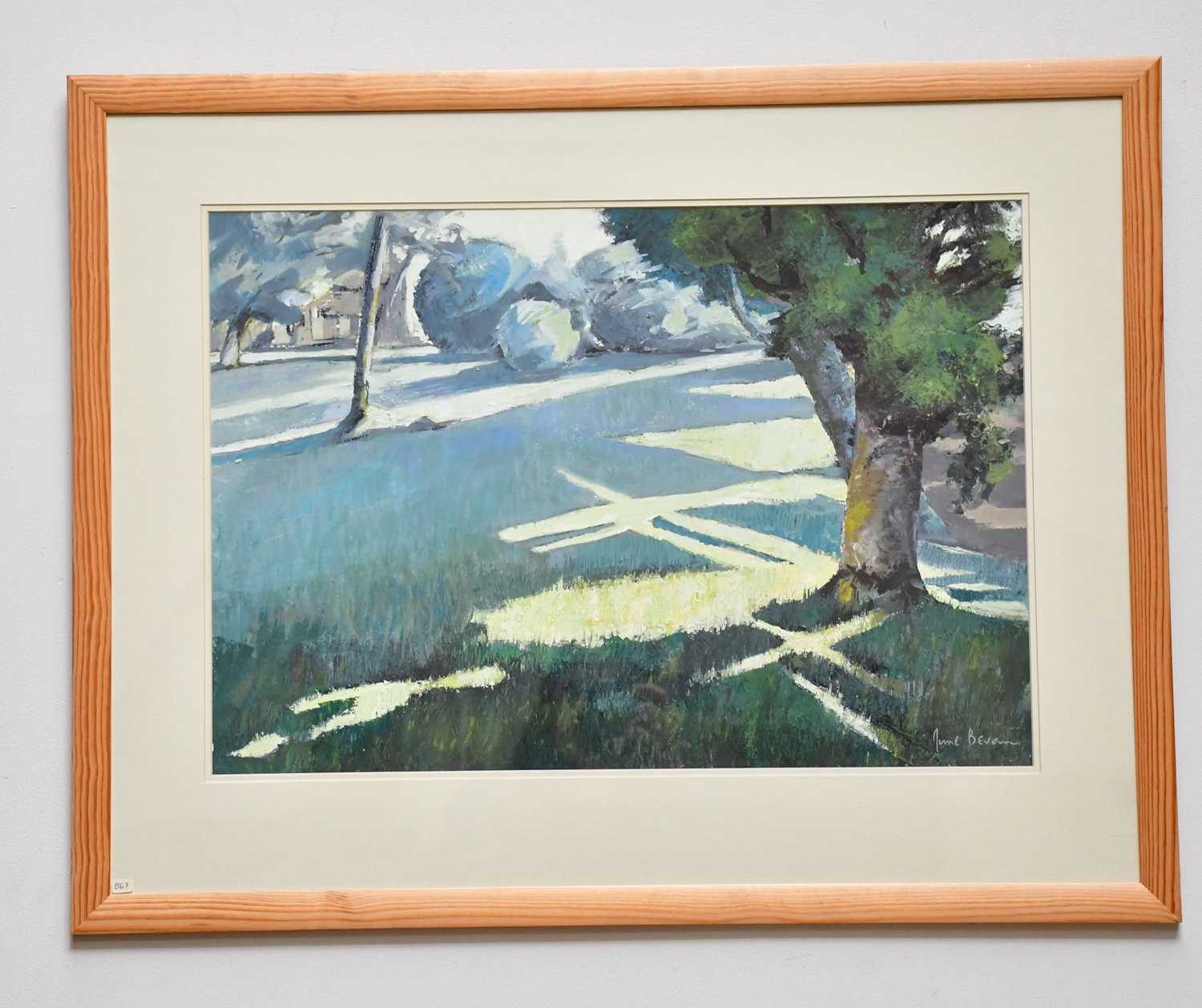 † JUNE BEVAN; gouache, 'Sun Triangles', signed lower right, 44 x 63cm, framed and glazed.