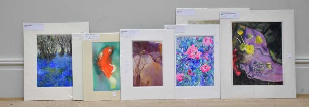 † JUNE BEVAN; a collection of ten watercolours including 'Purple Landscape', 'Pink Roses, Blue