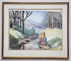 † JUNE BEVAN; watercolour, 'A Walk with Mother', signed lower right, 37 x 49cm, framed and glazed.