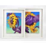 † JUNE BEVAN; two oils on board, 'Sunflower' and 'Sunflower Facing West', both signed, largest 37