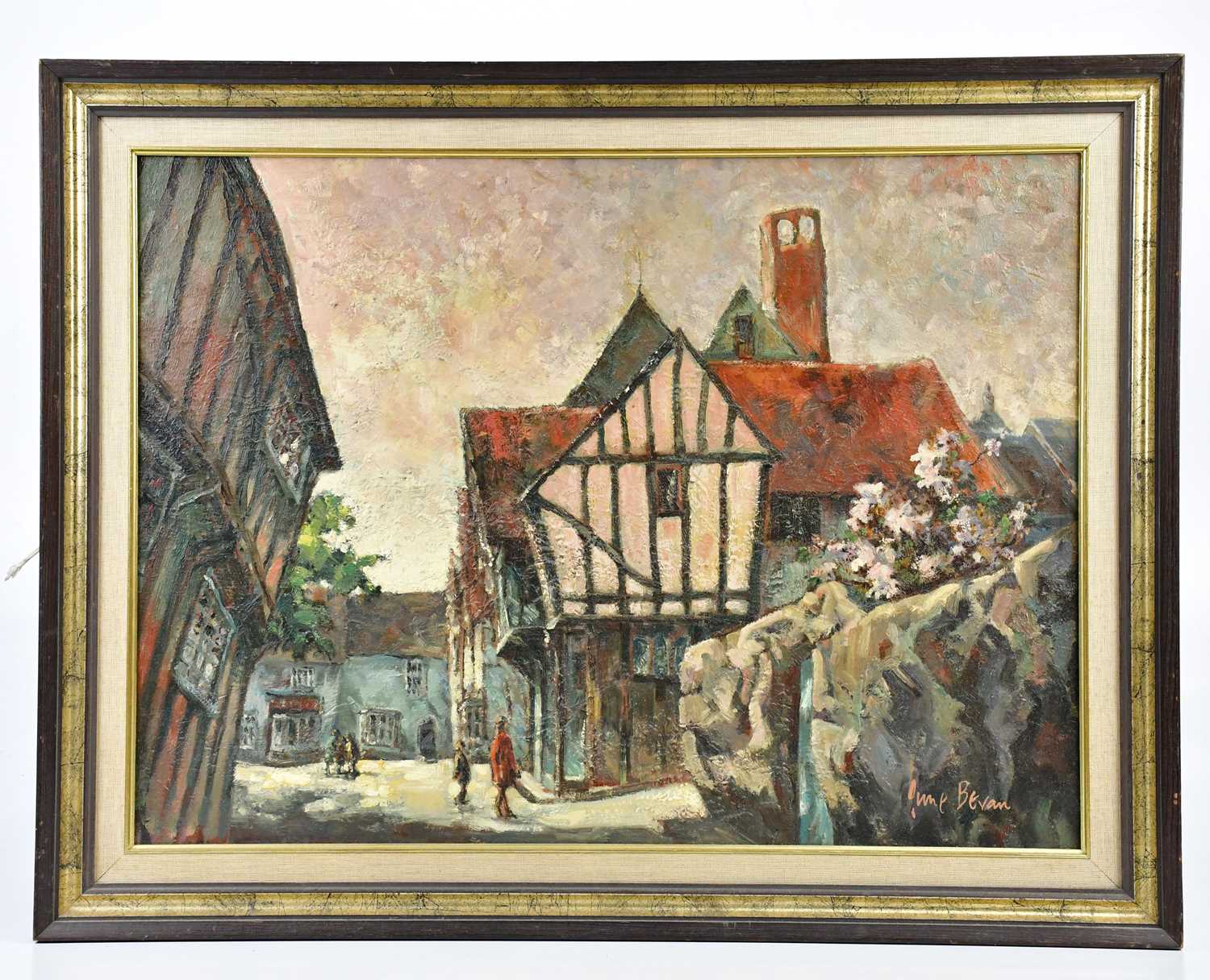 † JUNE BEVAN; oil on board, 'The Corner at [ ***please insert*** ] Square, Lavenham, Suffolk',