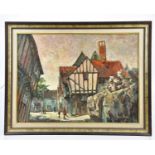 † JUNE BEVAN; oil on board, 'The Corner at [ ***please insert*** ] Square, Lavenham, Suffolk',