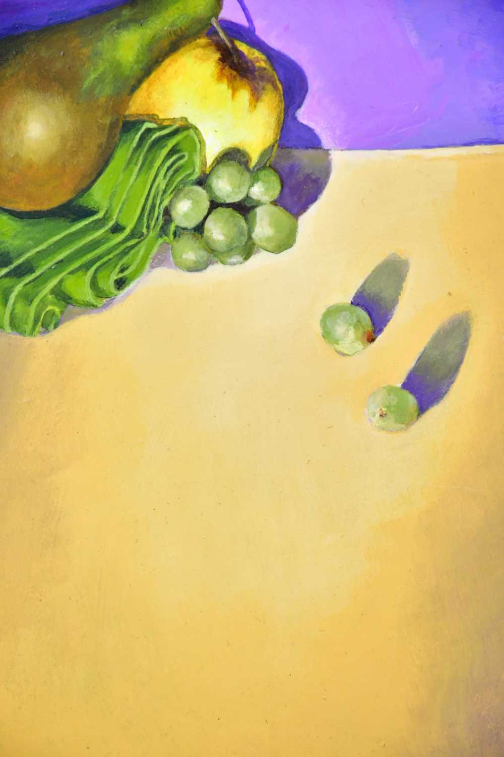 † JUNE BEVAN; a pair of oils on board, 'Fruit with Knife and Fork' and 'Pear and Apple, Grapes - Image 2 of 3