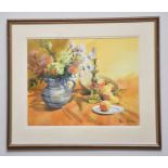 † JUNE BEVAN; watercolour, 'Chrysanthemums, Fruit and Candlestick', signed lower right, 39 x 50cm,