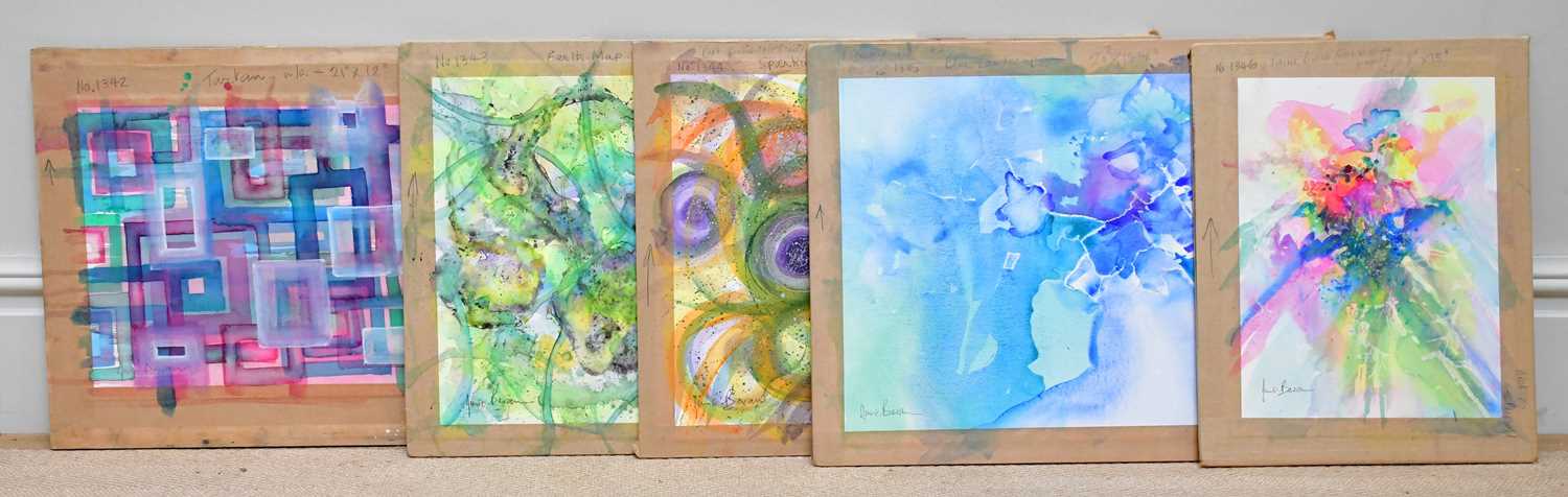 † JUNE BEVAN; a group of five watercolours, each abstract studies on board, each signed, largest