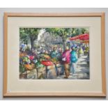 † JUNE BEVAN; watercolour, 'Busy Market, Provence', signed lower right, 28 x 39cm, framed and