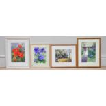 † JUNE BEVAN; a group of four watercolours, 'Purple Pansies', 'Peacock in the Shade', 'Red
