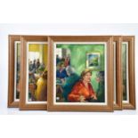 † JUNE BEVAN; a group of five oils on board, 'The Lovers', 'Ladies who Lunch', 'Musical