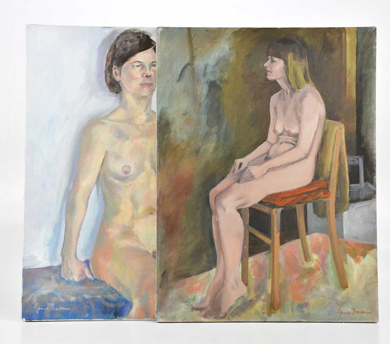 † JUNE BEVAN; two oils on canvas, each of female nudes, both signed, 61 x 46cm, both unframed.
