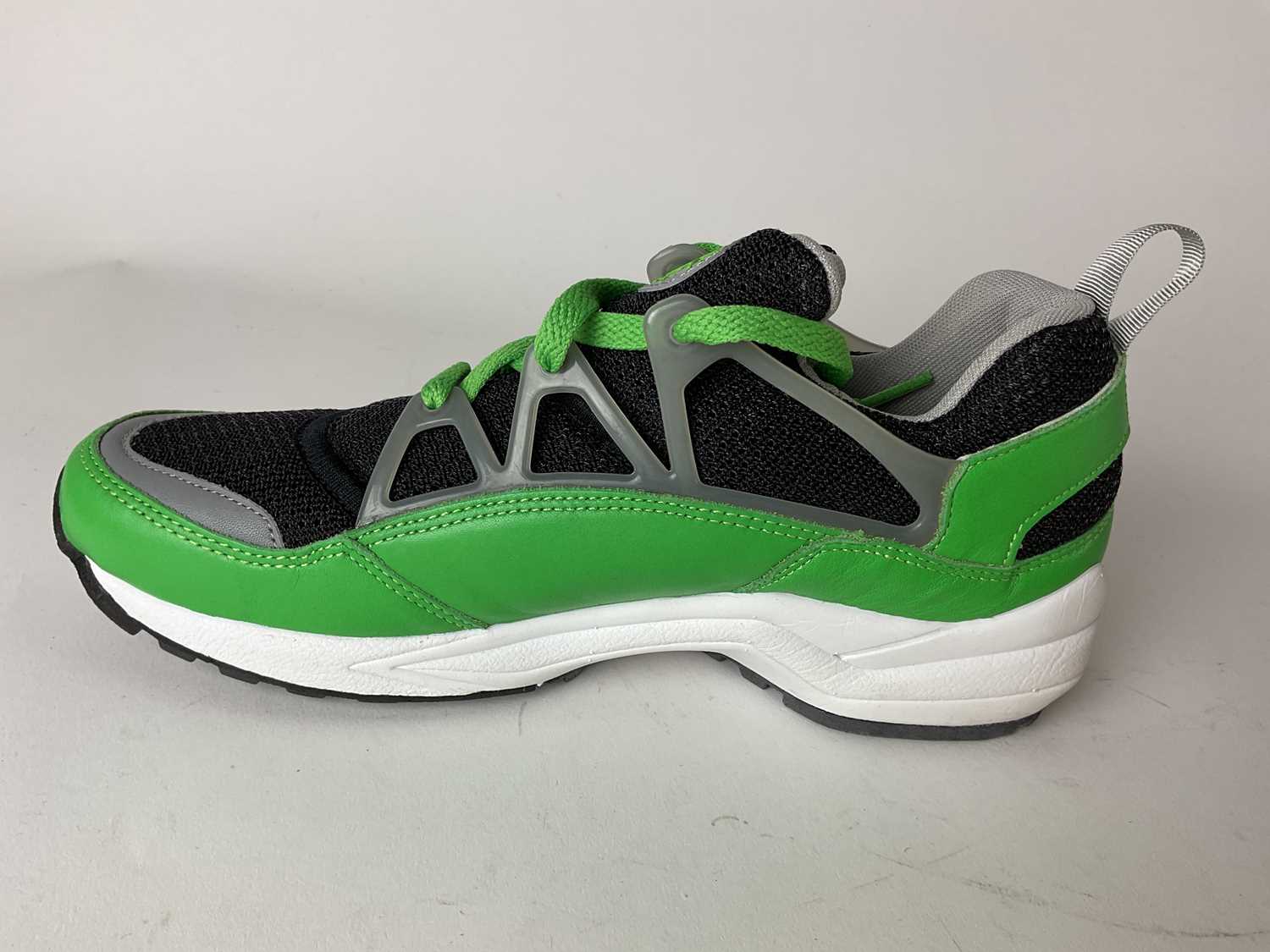 NIKE; a pair of Air Huarache Light Stussy Collaboration Acid green and medium grey trainers, size UK - Image 2 of 6