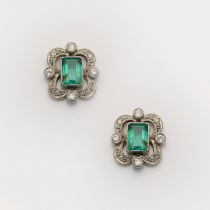 Paar Art Déco Smaragd-Diamant-Ohrringe