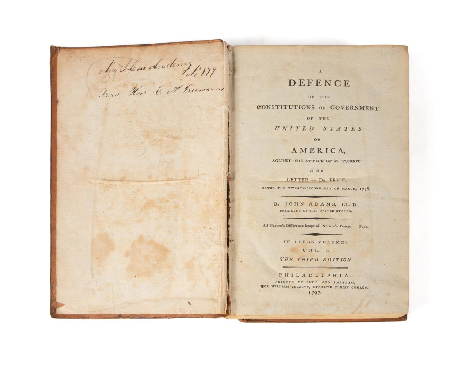 3VOL JOHN ADAMS, DEFENSE OF THE CONSTITUTION 1797 - Image 5 of 8