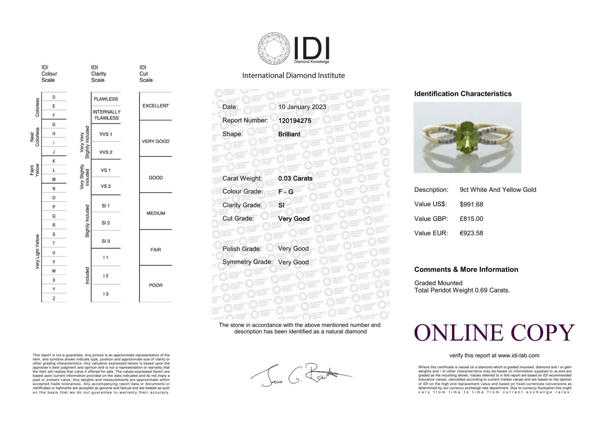 9ct Yellow Gold Diamond And Peridot Ring (P0.69) 0.03 Carats - Valued By IDI £1,585.00 - An oval 7mm - Image 4 of 4