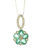 14ct Yellow Gold Flower Cluster Diamond And Emerald Pendant And 18" Chain 0.12 Carats - Valued By