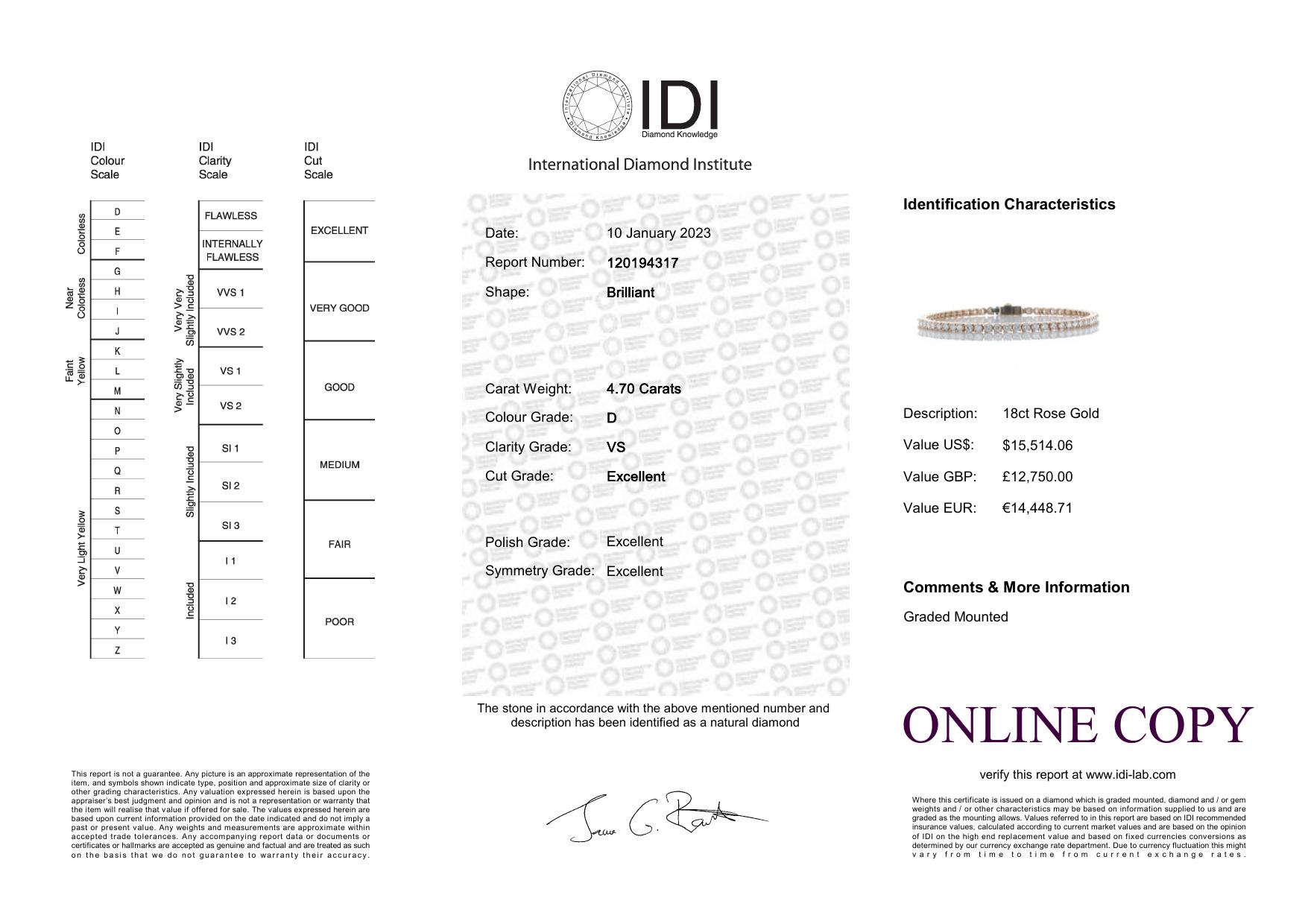 18ct Rose Gold Tennis Diamond Bracelet 4.70 Carats - Valued By IDI £20,180.00 - Fifty nine round - Image 5 of 5