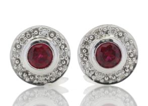 9ct White Gold Created Ruby Diamond Earring 0.16 Carats - Two rubies are rub over set in a halo of
