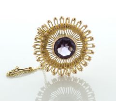 14ct Yellow Gold Vintage Starburst Design Amethyst Brooch - Valued By AGI £510.00 - A beautiful