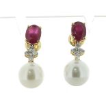 18ct White Gold Ladies Dress Diamond, Pearl And Ruby Earring (R2.40) 0.40 Carats - Valued By AGI £