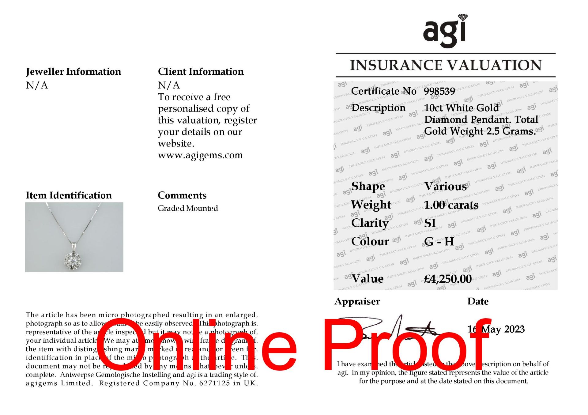 10ct Gold Cluster Diamond Pendant 1.00 Carats - Valued By AGI £4,250.00 - One round brilliant cut - Image 3 of 3