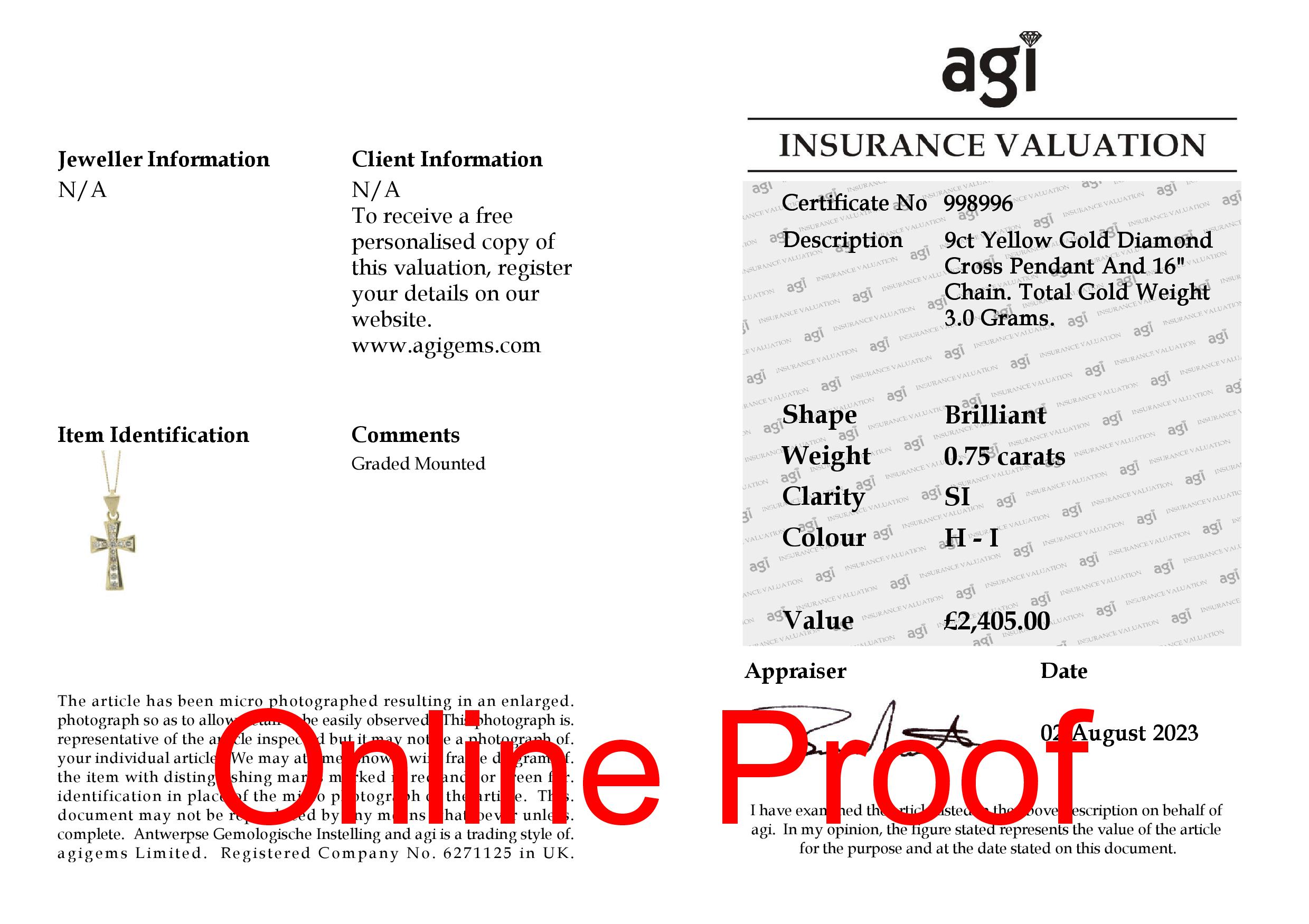 9ct Yellow Gold Diamond Cross Pendant And 16" Chain 0.75 Carats - Valued By AGI £2,405.00 - A - Image 3 of 3