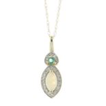 14ct Yellow Gold Marquise Cluster Diamond And Opal Pendant And Chain 0.08 Carats - Valued By IDI £