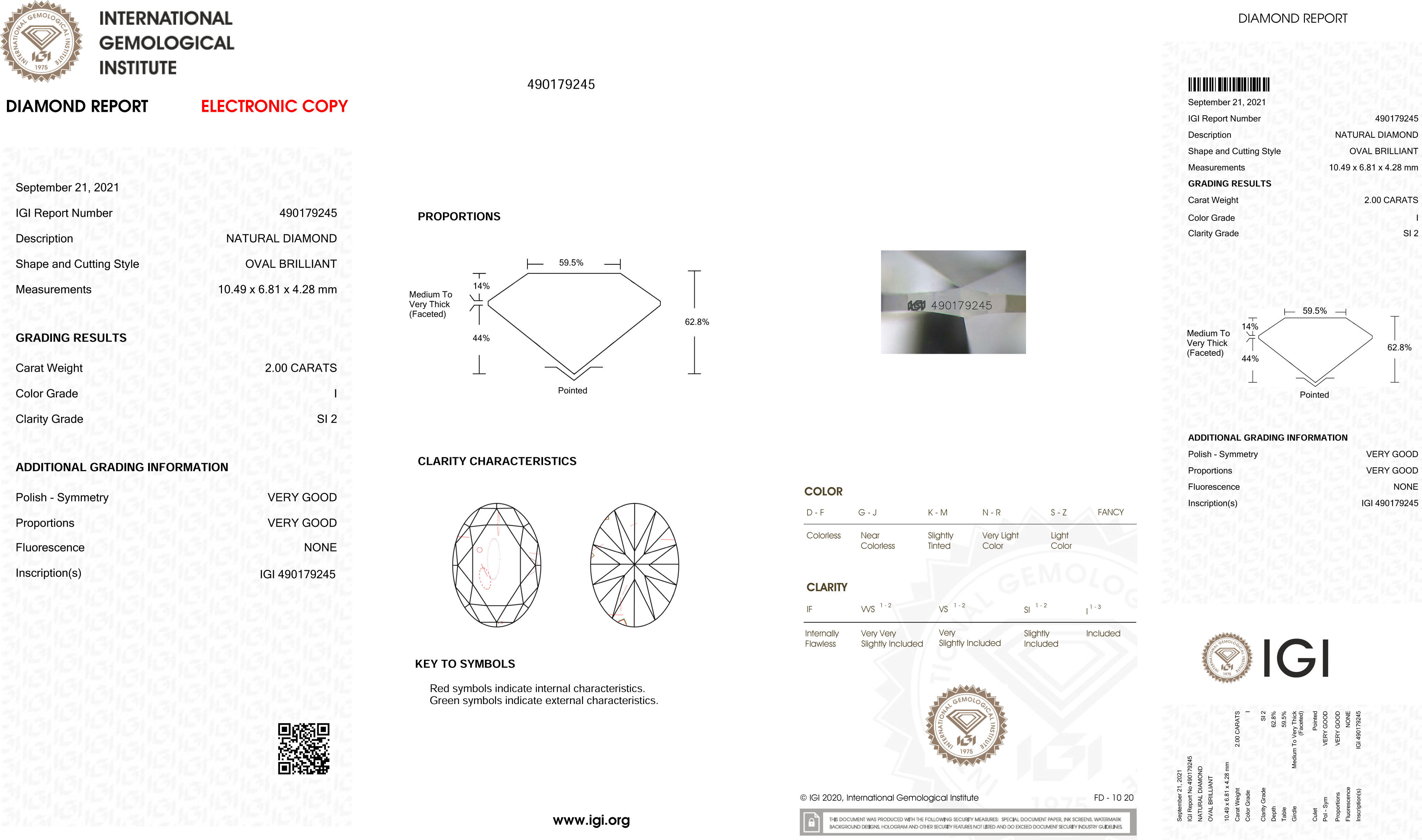 IGI Loose Oval Diamond I SI2 2.00 Carats - One oval diamond with a IGI certificate with Colour I