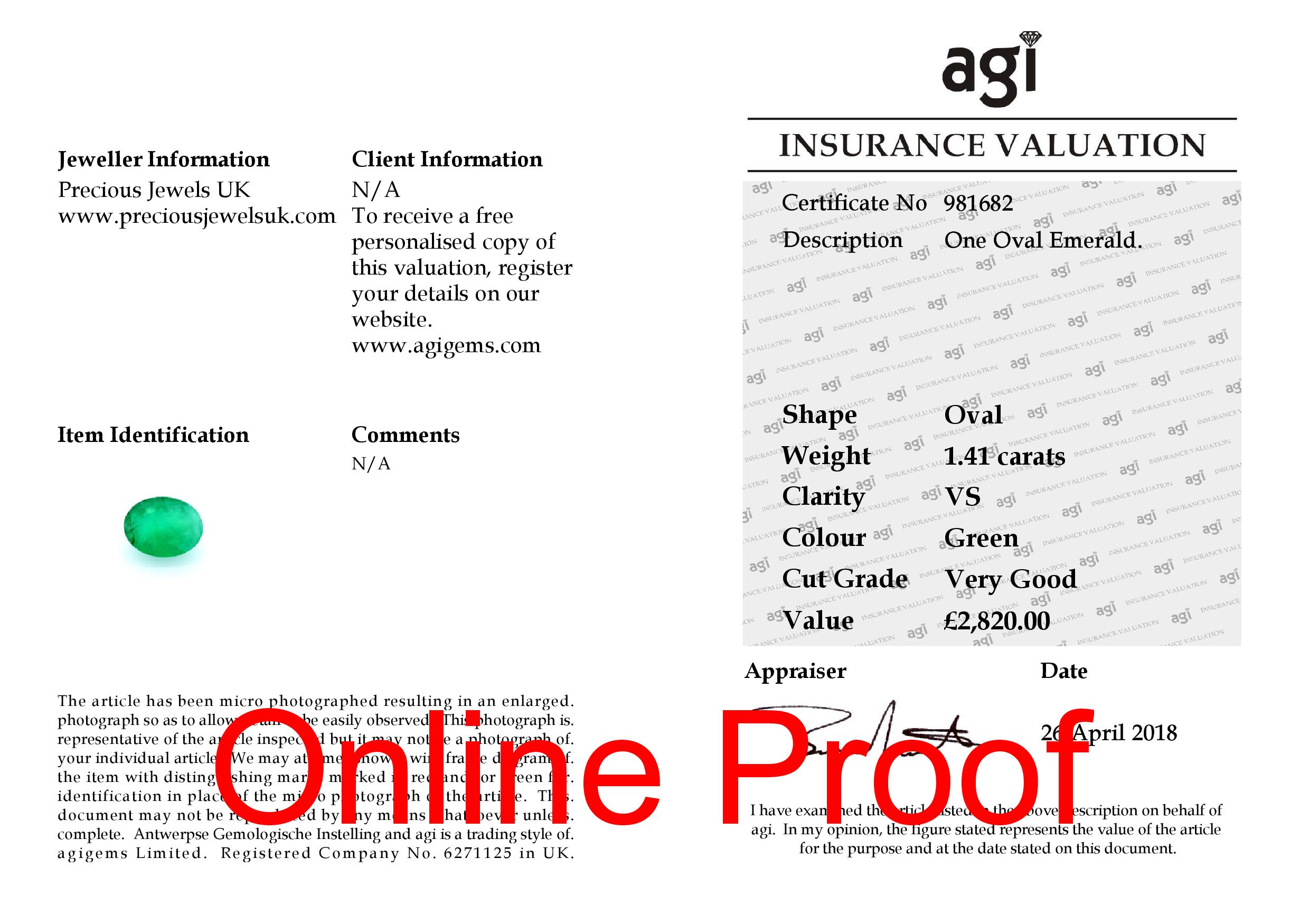 Loose Oval Emerald 1.41 Carats - Valued By AGI £2,820.00 - Colour-Green, Clarity-VS, Certificate - Image 3 of 3