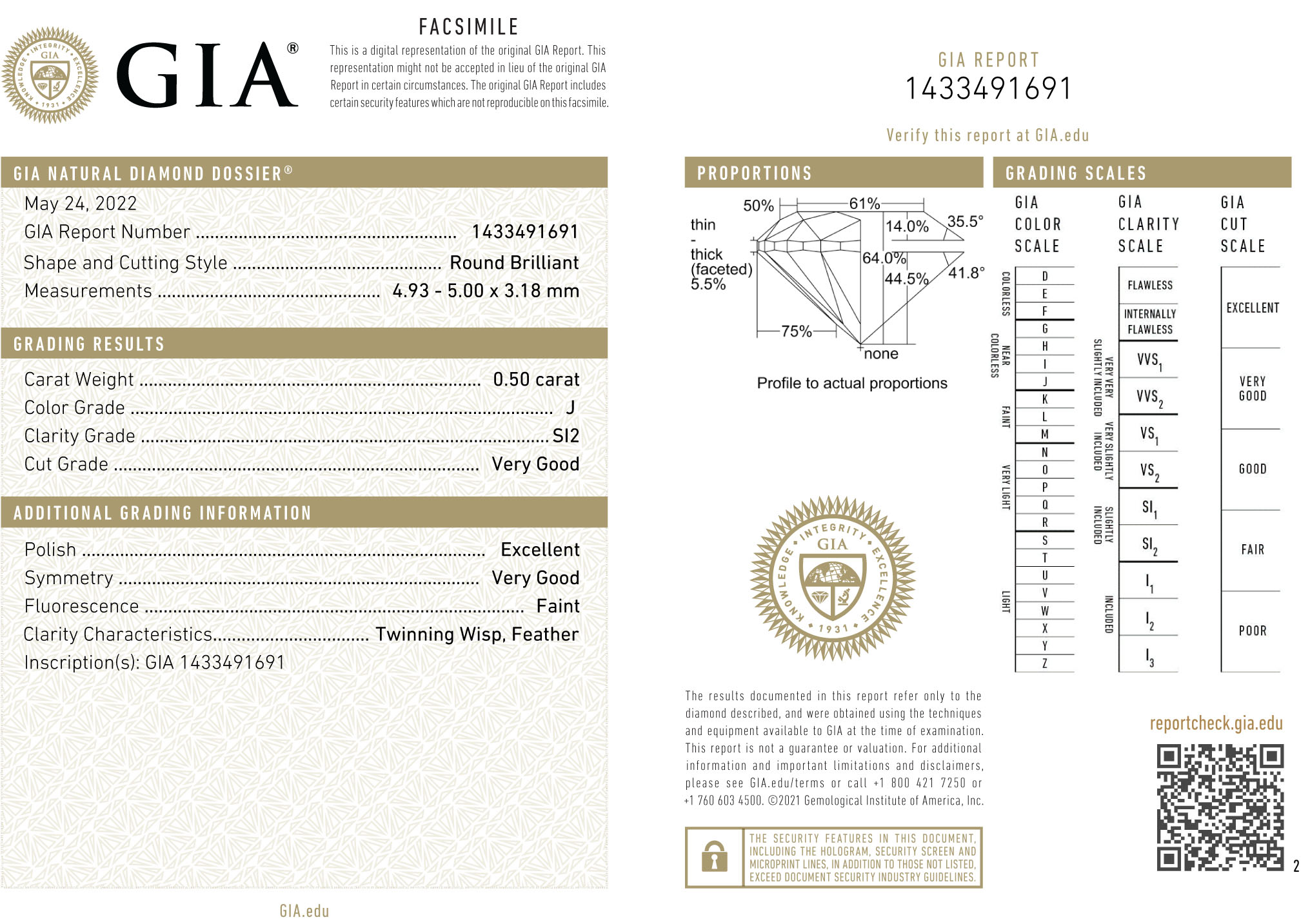 GIA Loose Round Brilliant Cut Diamond J SI2 0.50 Carats - One round brilliant cut diamond with a GIA