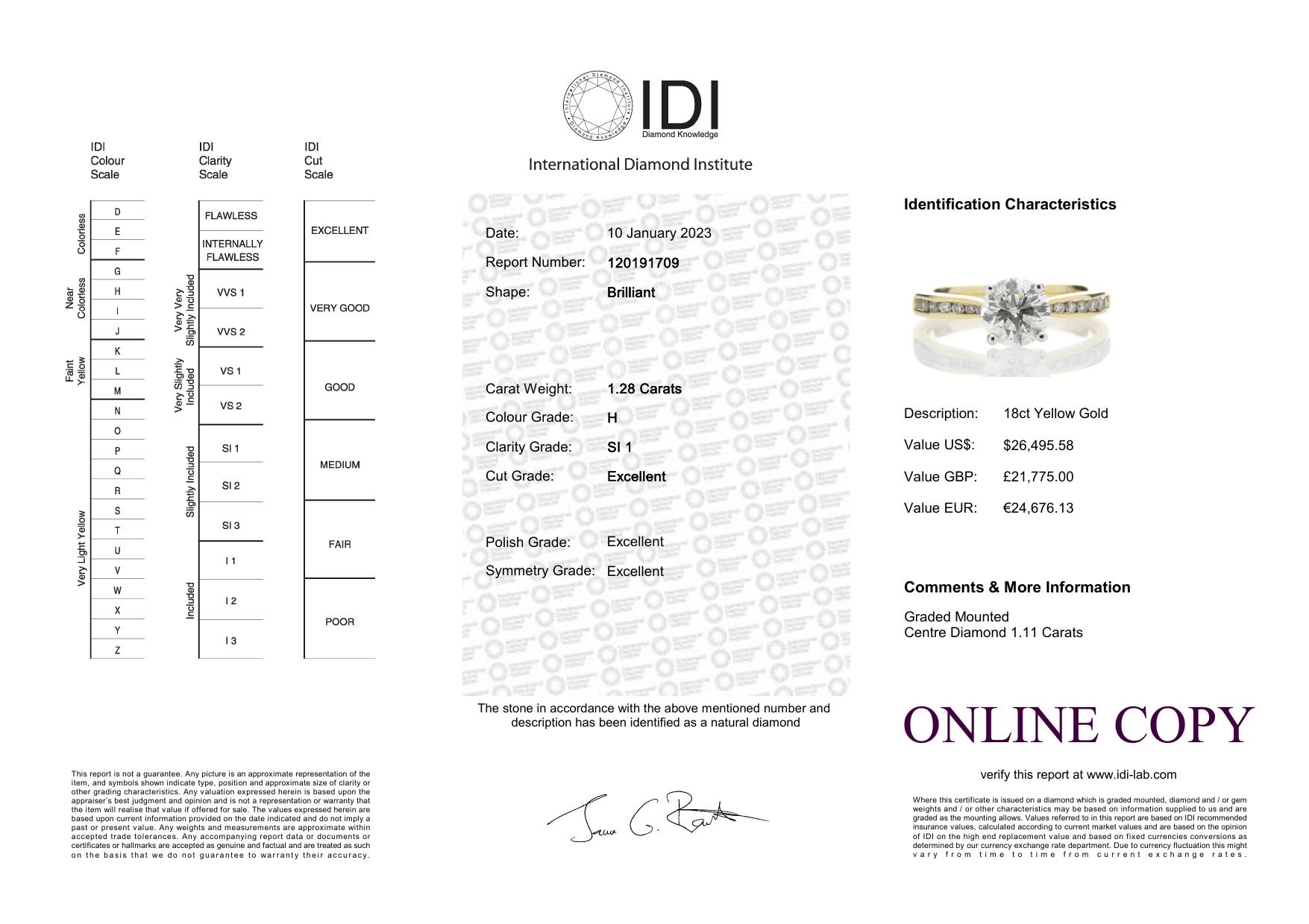 18ct Yellow Gold Diamond Ring With Stone Set Shoulders 1.28 Carats - Valued By IDI £21,775.00 - - Image 5 of 5