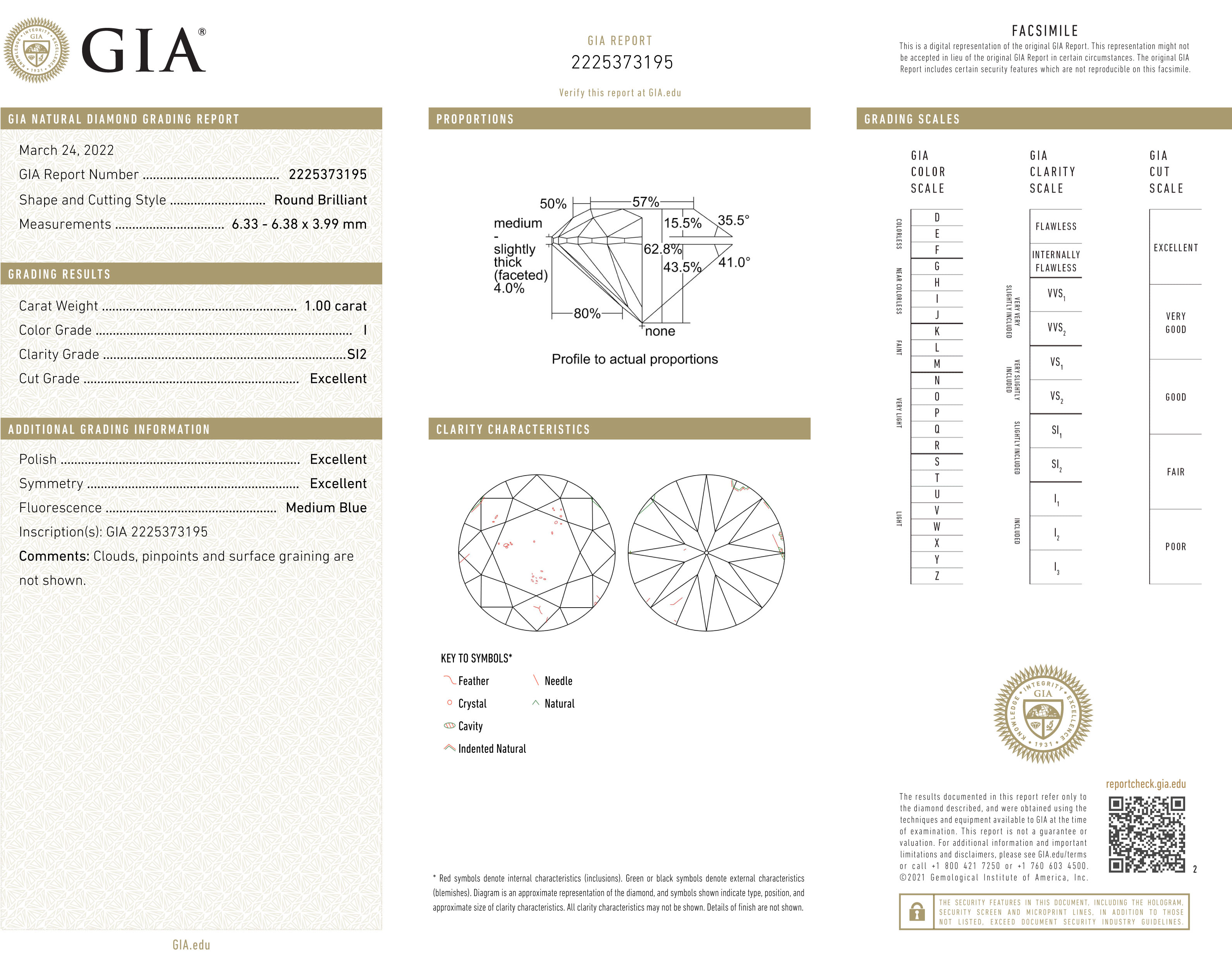 GIA Loose Round Brilliant Cut Diamond I SI2 1.00 Carats - One round brilliant cut diamond with a GIA