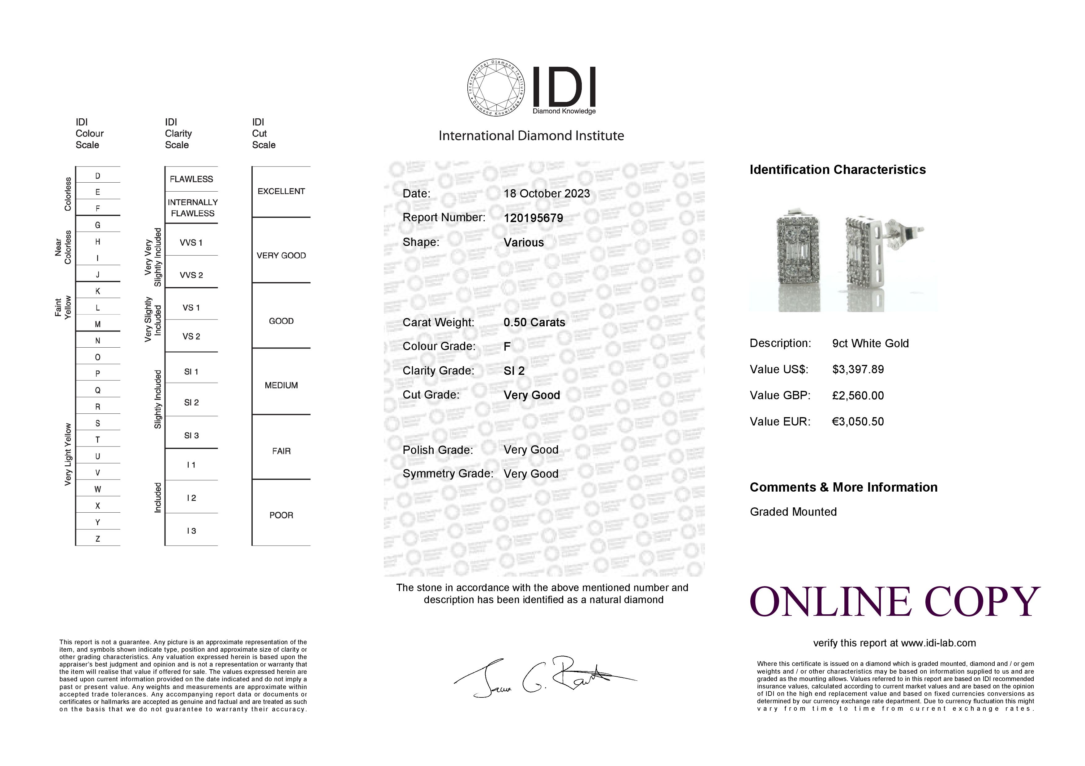 9ct White Gold Emerald Cluster Diamond Stud Earring 0.50 Carats - Valued By IDI £2,560.00 - Designed - Image 5 of 5