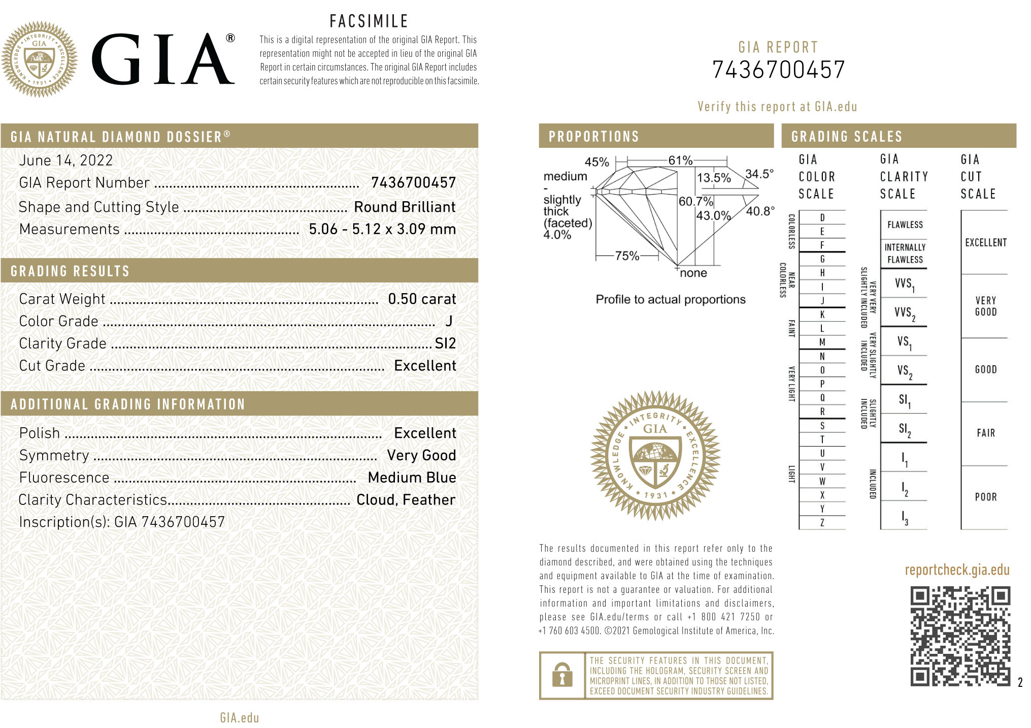 GIA Loose Round Brilliant Cut Diamond J SI2 0.50 Carats - One round brilliant cut diamond with a GIA