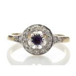 9ct Yellow Gold Round Cluster Claw Set Diamond Amethyst Ring (A 0.15) 0.21 Carats - Valued By AGI £