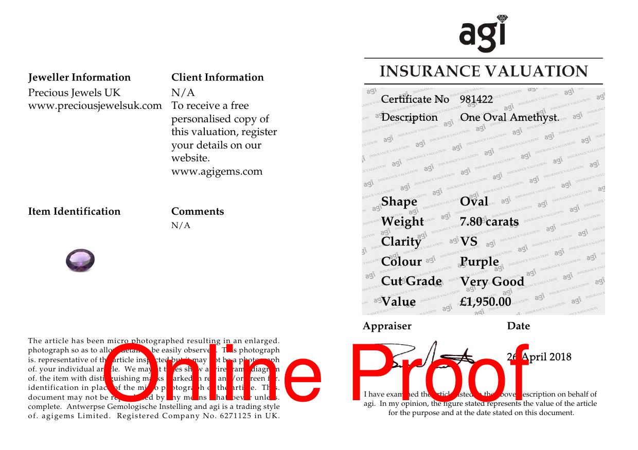 Loose Oval Amethyst 7.80 Carats - Valued By AGI £1,950.00 - Colour-Purple, Clarity-VS, Certificate - Image 2 of 2