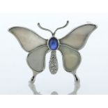 18ct White Gold Diamond Sapphire And Mother of Pearl Brooch 0.10 Carats