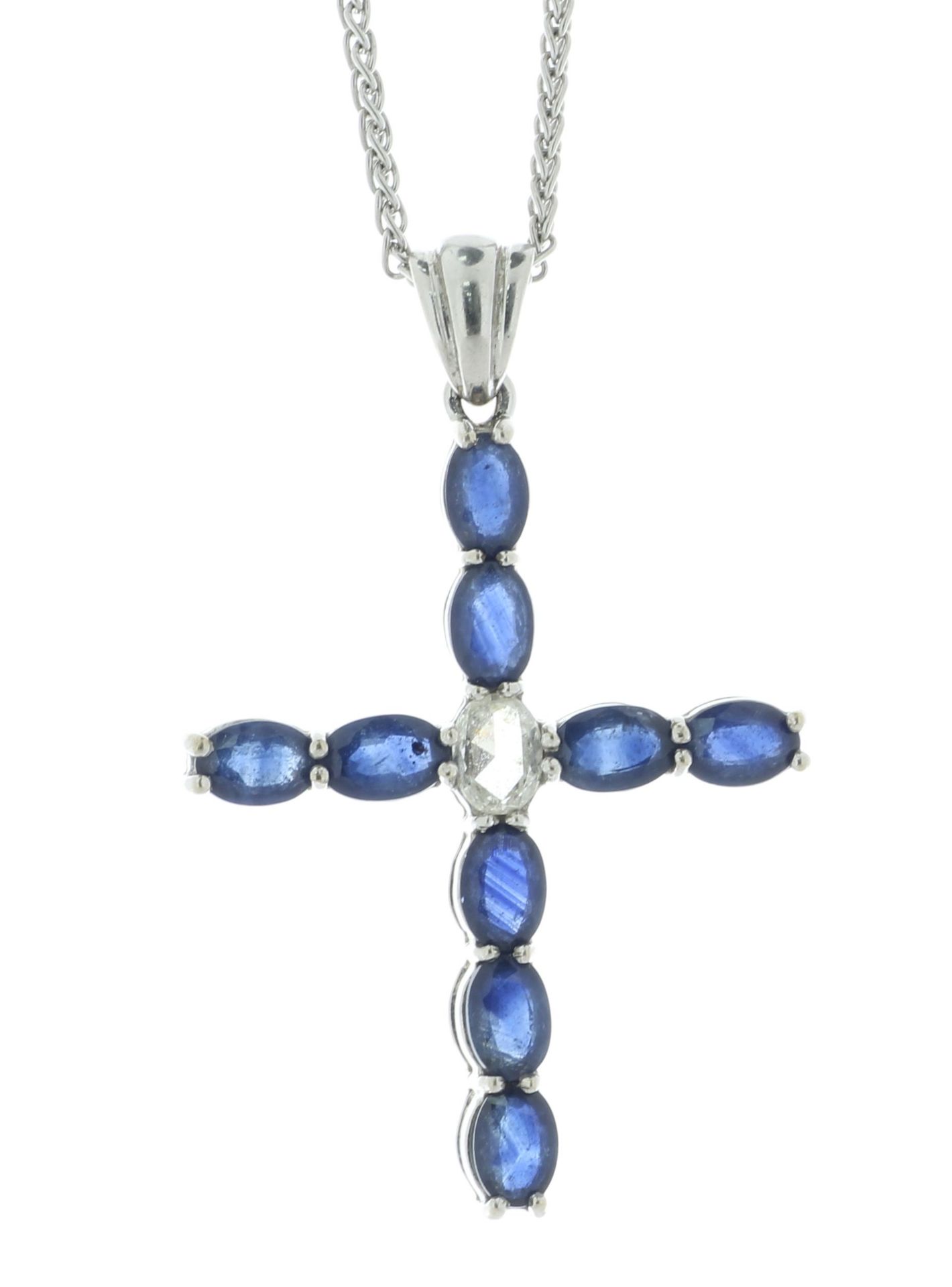 18ct White Gold Diamond And Sapphire Cross Pendant And 18" Chain (S4.23) 0.32 Carats
