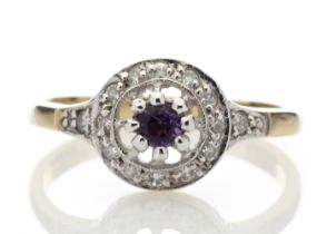 9ct Yellow Gold Round Cluster Claw Set Diamond Amethyst Ring (A 0.15) 0.21 Carats