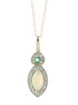 14ct Yellow Gold Marquise Cluster Diamond And Opal Pendant And Chain 0.08 Carats