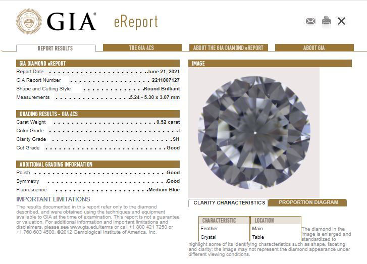 GIA Loose Round Brilliant Cut Diamond J SI1 0.52 Carats