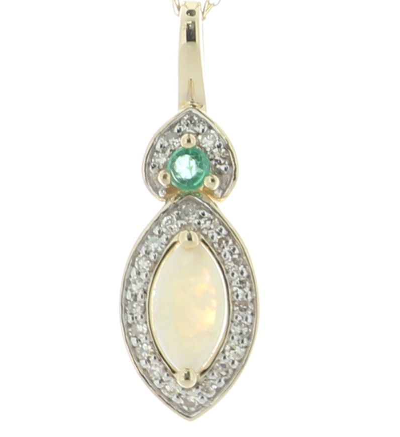 14ct Yellow Gold Marquise Cluster Diamond And Opal Pendant And Chain 0.08 Carats - Image 2 of 8