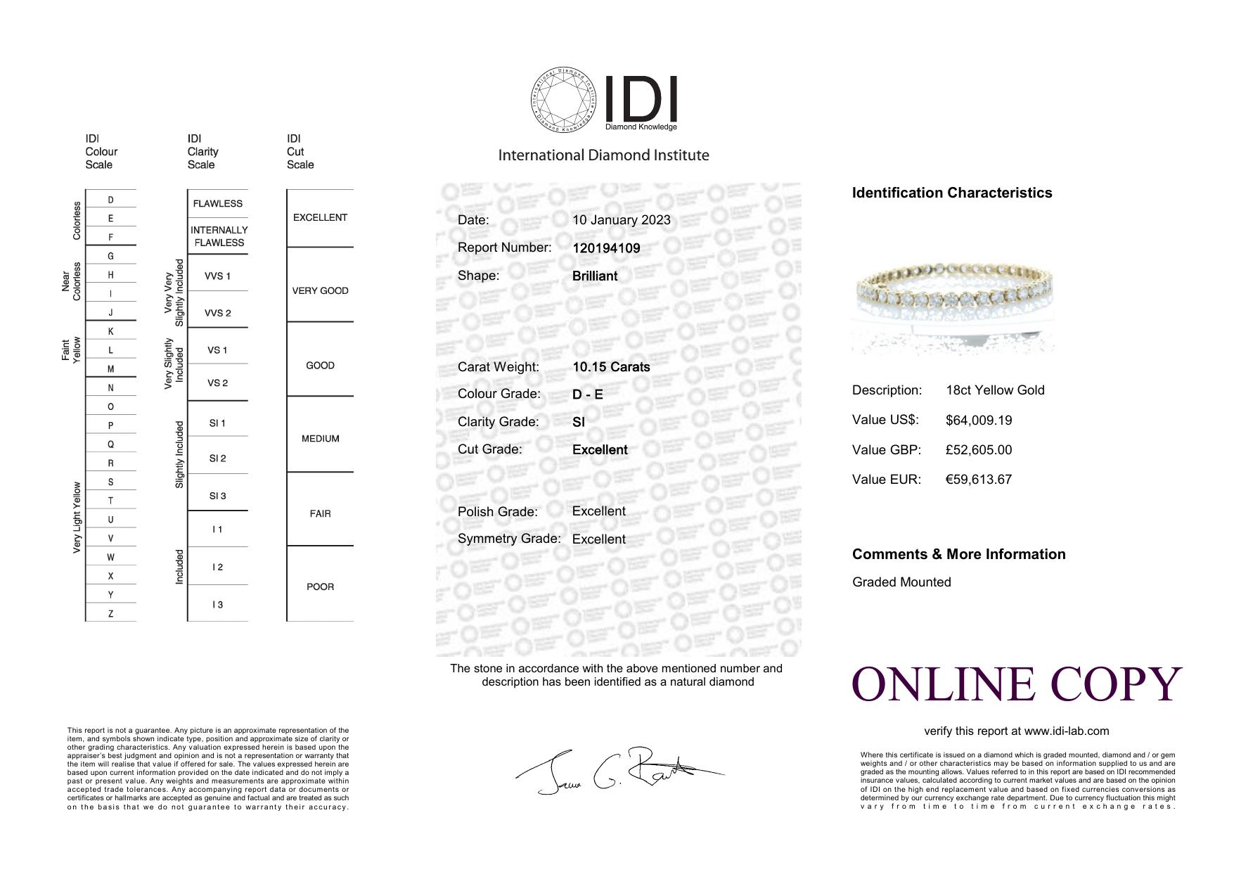 18ct Yellow Gold Tennis Diamond Bracelet 10.15 Carats - Image 5 of 5
