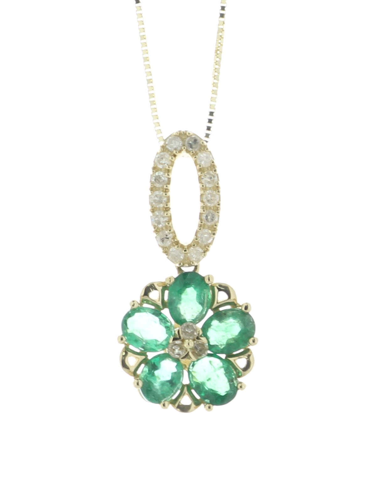 14ct Yellow Gold Flower Cluster Diamond And Emerald Pendant And 18" Chain 0.12 Carats