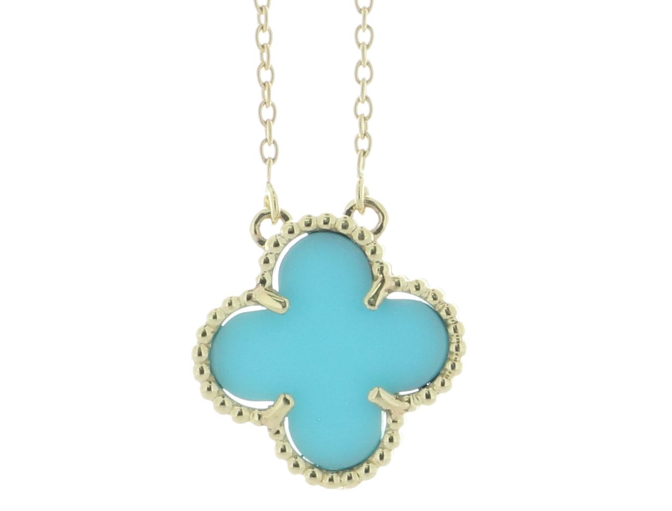 9ct Yellow Alhambra Clover Leaf Turquoise Pendant And Chain 1.88 Carats