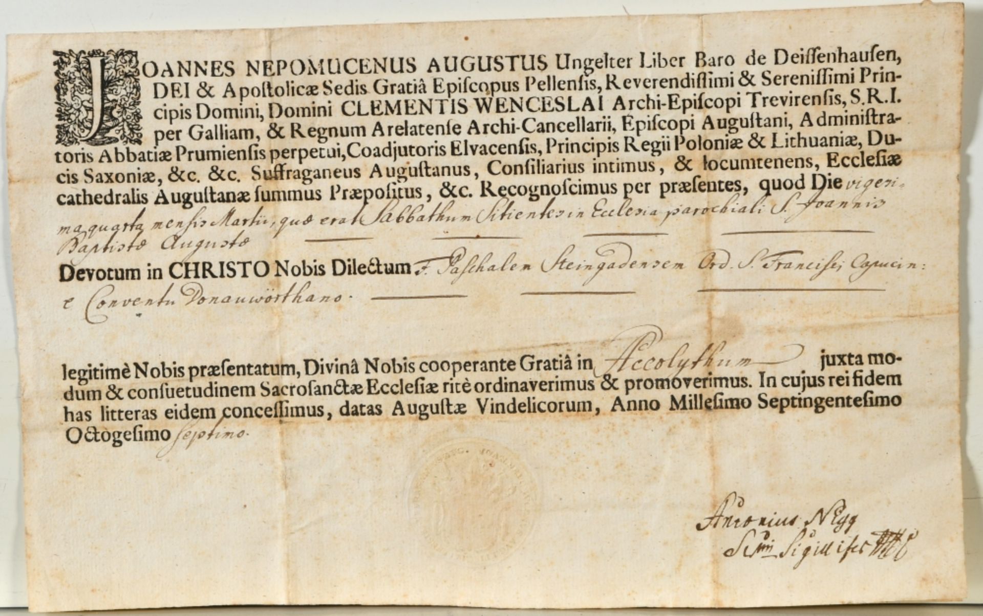 Ernennungsurkunde eines Akolythen, 1787