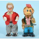 Blechspielzeug, 2 Figuren - Clown und Affe als Cowboy