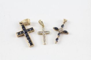 3x 9ct gold sapphire & diamond cross pendants (2.5g)