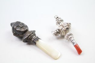 2 x Antique Hallmarked .925 Sterling Silver Baby Rattles / Whistles (38g) // In antique condition