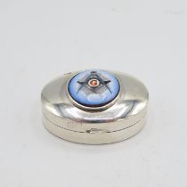 Oval HM 925 Sterling Silver pill box with enamel insert (13.5g) 35mm long in excellent condition lid
